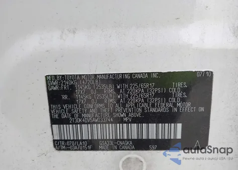 2010 Toyota Rav4 Limited V6 z USA, uszkodzony, nr VIN 2T3DK4DV5AW033744